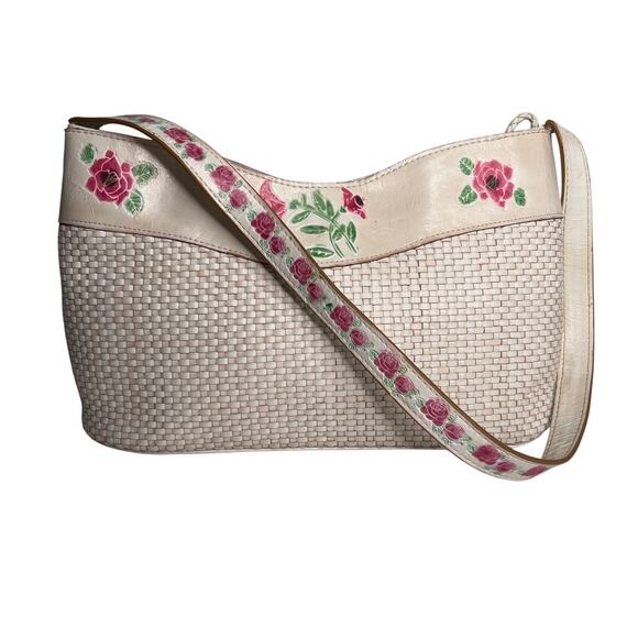 Cee Klein Purse Ivory Leather Basketweave Shoulder Bag Embossed Pink Roses - Picture 1 of 13